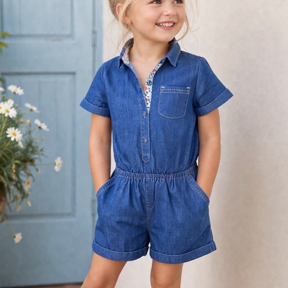 Mini Boden Denim Button Front Romper Size 4-5